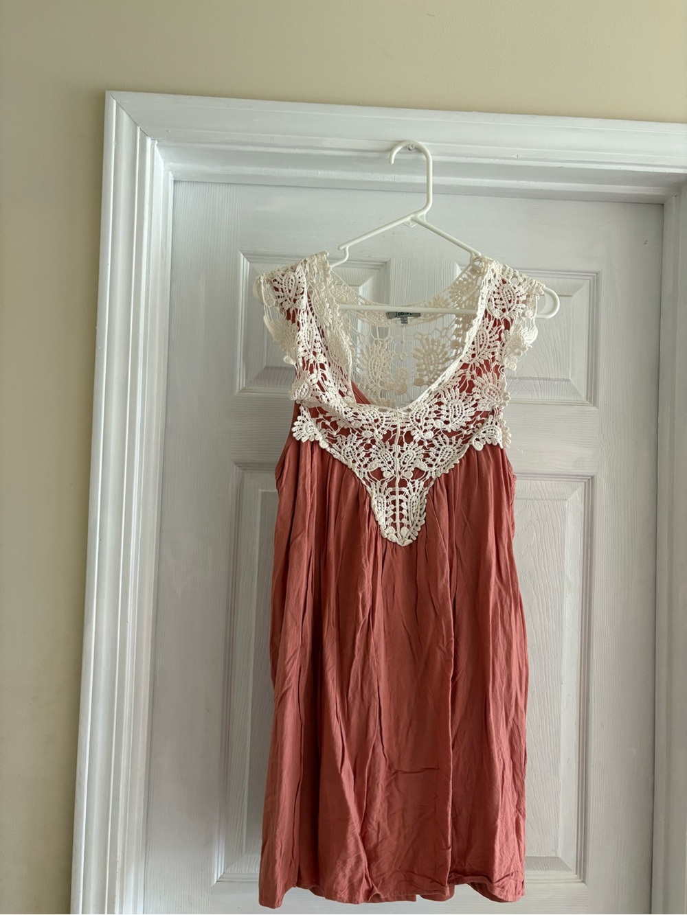 JODIFL Coral Midi Dress with Cream Crochet Yoke